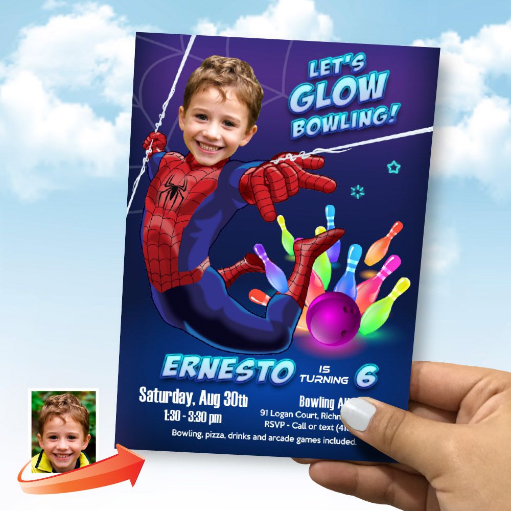 Let’s Glow Bowling Party Spiderman Invite, Bowling Neon Party themed Spiderman, Spiderman Bowling Party Invite, Spiderman neon bowling. 2262