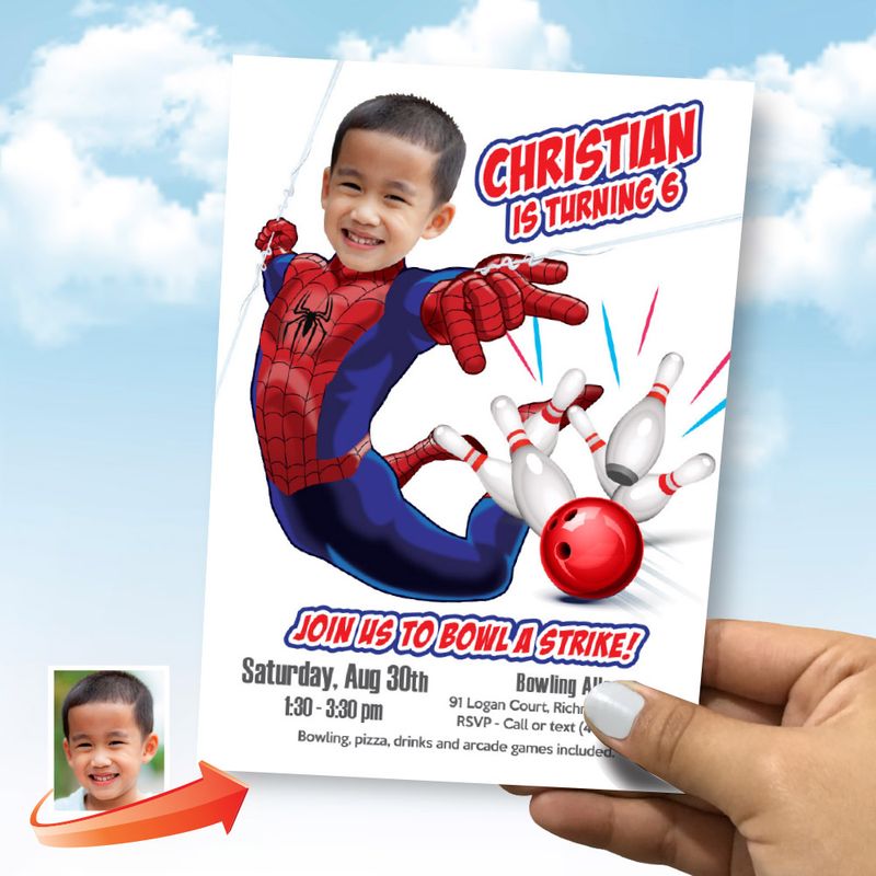 Bowling Party Spiderman themed Invite, Bowling Party themed Spiderman, Spiderman Bowling Party template, Spiderman Strike bowling invite. 2263