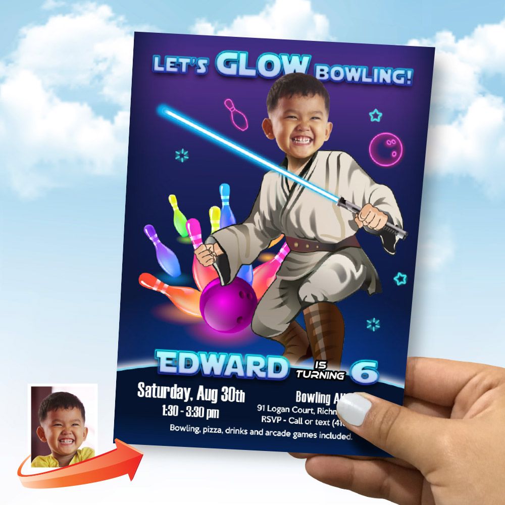 Star Wars Bowling Glow Party Invitation, Jedi Bowling Neon Party Invite, Star Wars Bowling Arcade birthday, Star Wars Bowling template. 2267