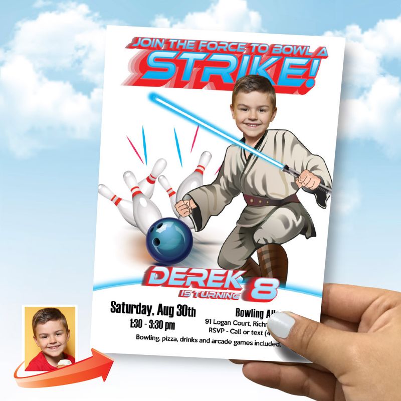 Star Wars Bowling Party Invitation, Jedi Bowling Party flyer, Star Wars Bowling Arcade party, Star Wars Jedi Bowling invite with photo. 2268