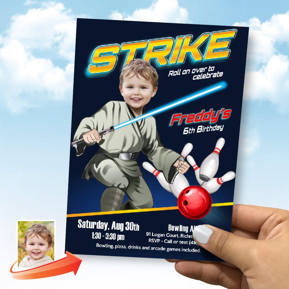 Jedi Bowling Party birthday Invitation, Star Wars Bowling Party flyer, Jedi Bowling Arcade party, Star Wars Bowling themed template. 2269