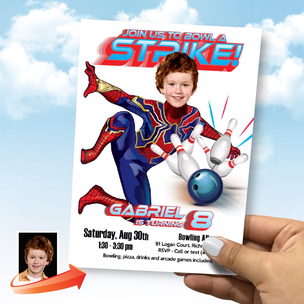 Bowling Party Spider-man Invite, Spider-man Bowling Party template, Spider-man Bowling Party flyer, Spider-man Strike bowling invite. 2266