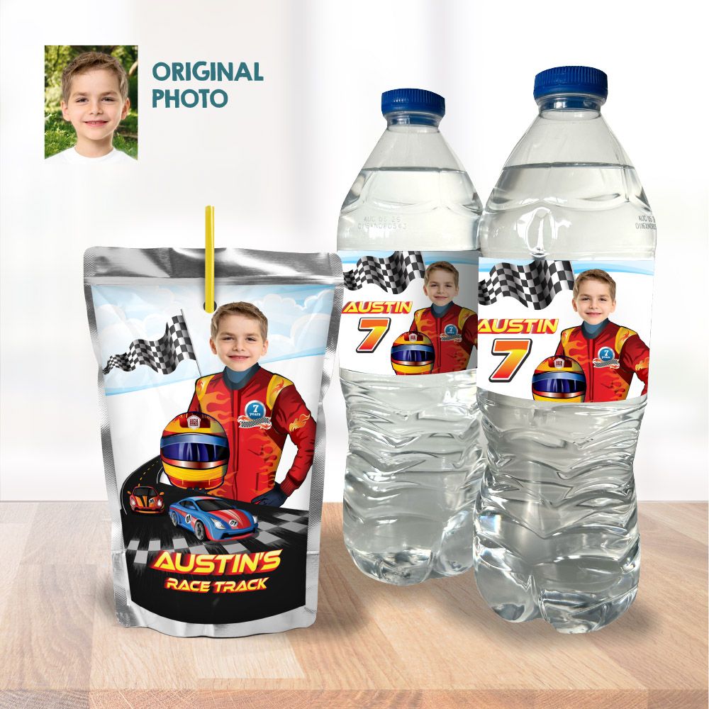 Race Car water wrappers, Race Car photo water labels, Race Car party juice labels, Race Car Capri sun labels, Racing Car Water labels. 926WJ