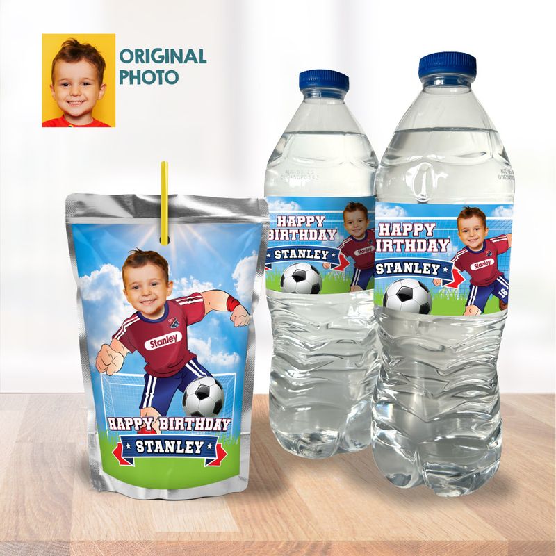 Personalized Futbol water wrappers, Socceer water labels, Futbol DMI cumpleanos, Futbol Capri sun labels, Futbol etiquetas jugos. 2241WJ