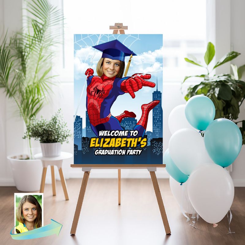 Custom Spider woman Graduation Party Welcome sign with photo, Spider Girl Graduation welcome party, Spider-Girl graduation Sign Print. 2280