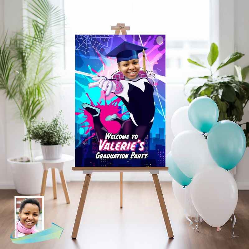 Personalized Spider girl Graduation Welcome sign with photo, Spidergirl Graduate welcome sign, Girl Spider-verse graduate welcome. 2280B