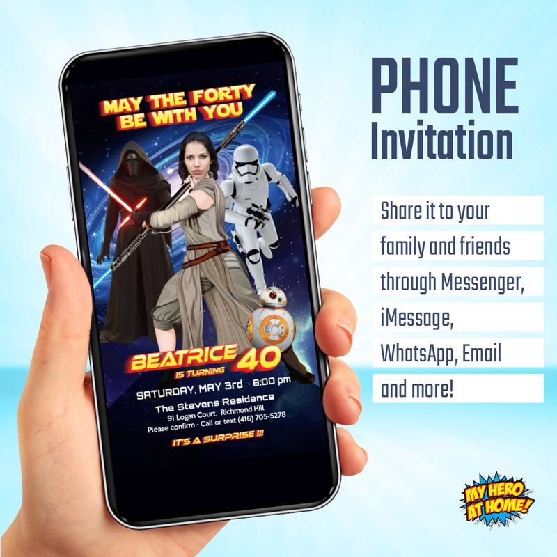 Woman May the Forty Party invitation, Woman Star Wars 40th birthday, Jedi Rey 40th birthday template with photo, May the Forties invite 853
