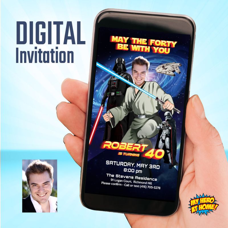 May the Forty party invitation, Adult May the Forty birthday invite, Adult May the Forty Jedi party Invite with photo, Star Wars phone. 852