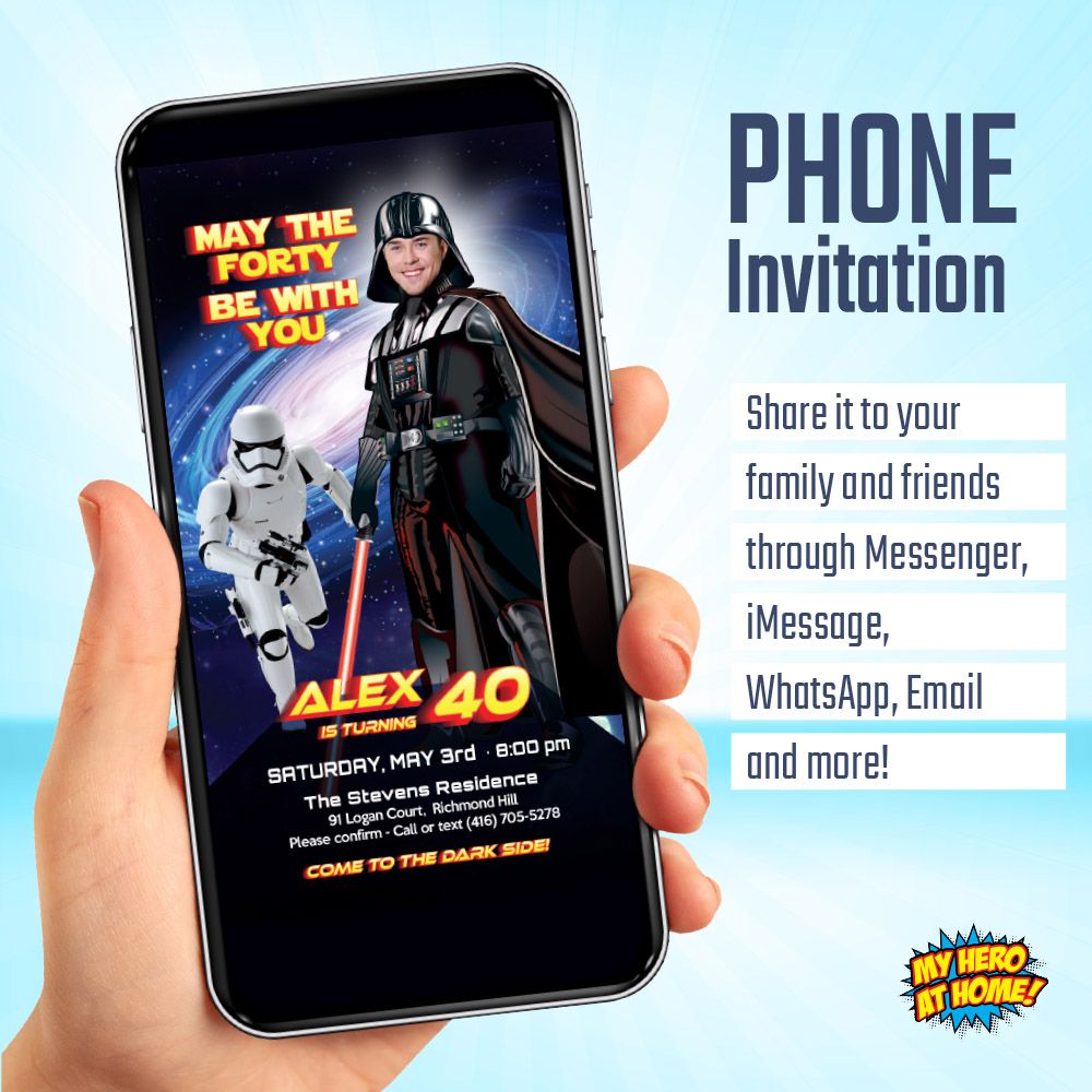 Dark Side May the Forties birthday invitation, Darth Vader 40th birthday invite, Darth Vader digital Invitation, Darth Vader 40s party. 854