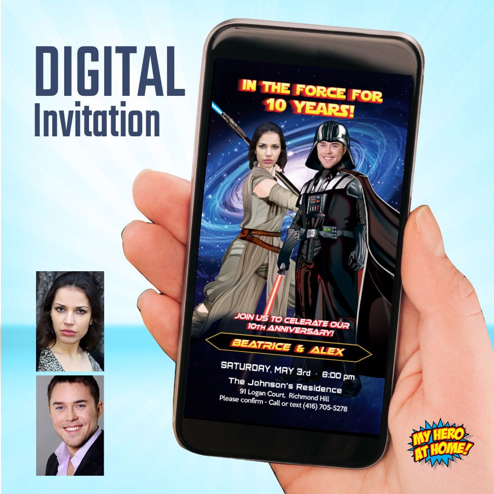 Personalized In the Force Anniversary invitation, Star Wars Anniversary template with photos, Star Wars Fans Anniversary phone invite. 855B