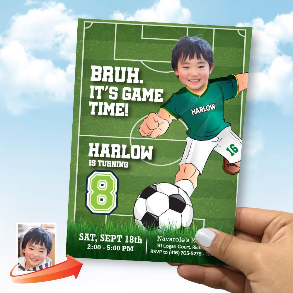 Soccer birthday template with photo, Soccer photo party flyer, Invitacion tema Futbol, Invitacion futbol Deportivo, Fiesta Soccer. 2281IN