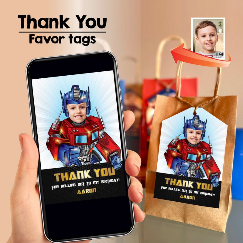 Optimus Prime thank you, Optimus Prime favor tags, Transformers thank you with photo, Autobots theme Party. 2025TY