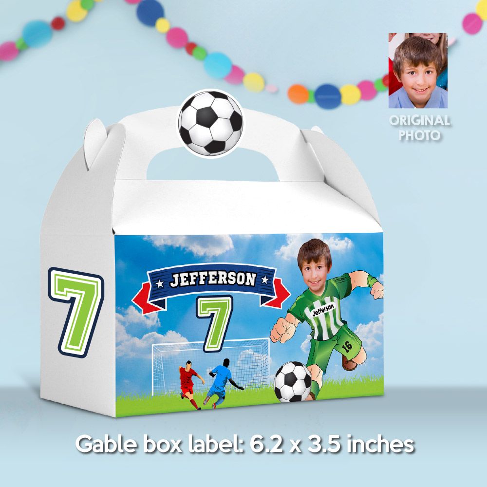 Soccer Gable Box label with kid as his favorite player, Soccer Team Gable Box birthday, Personalized Futbol Atletico Gable Box Party favors. 2279GB