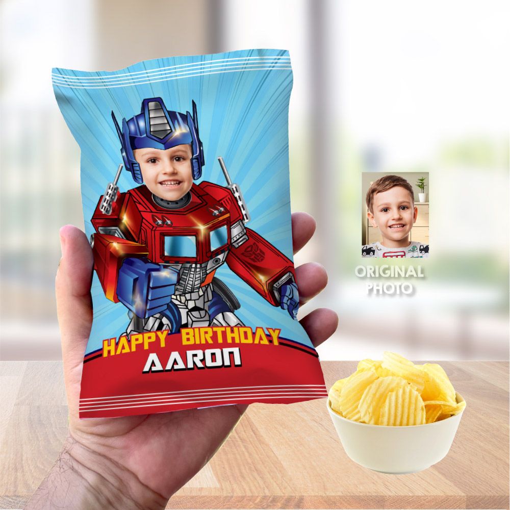 Optimus chip bags personalized with photo, Optimus Prime Chip Bags Wrapper,  Autobots Snacks bags, Transformers chip bags wrappers with kid as Optimus. 2025CB