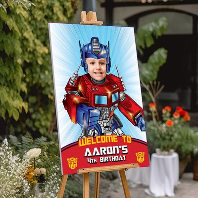 Transformers Welcome sign with kid as Optimus Prime, Autobots welcome party, Transformers party Sign, Optimus welcome Sign, Letrero Bienvenida fiesta Optimus Prime. 2025WS