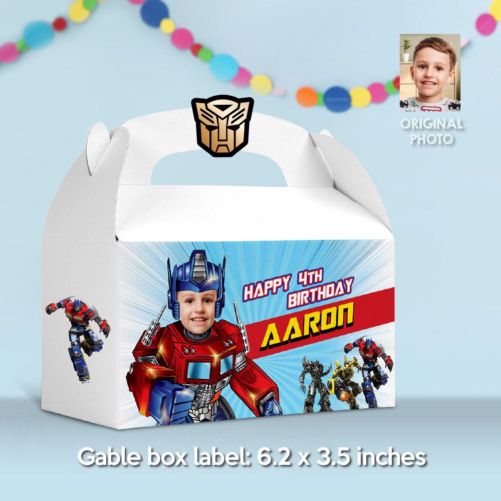 Personalized Optimus Gable Box label, Optimus Transformers Gable Box with photo, Autobots Gable Box Party favors, Optimus Box party favor. 2025GB
