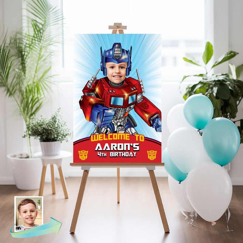 Transformers Welcome sign with kid as Optimus Prime, Autobots welcome party, Transformers party Sign, Optimus welcome Sign, Letrero Bienvenida fiesta Optimus Prime. 2025WS