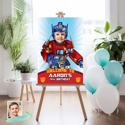 Transformers Welcome sign with kid as Optimus Prime, Autobots welcome party, Transformers party Sign, Optimus welcome Sign, Letrero Bienvenida fiesta Optimus Prime. 2025WS