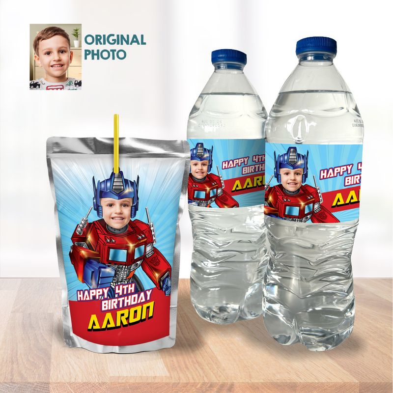 Optimus Prime water wrappers, Optimus Prime water labels, Optimus Prime party juice labels, Optimus Prime Capri sun labels, Optimus Prime snacks labels. 2025WJ