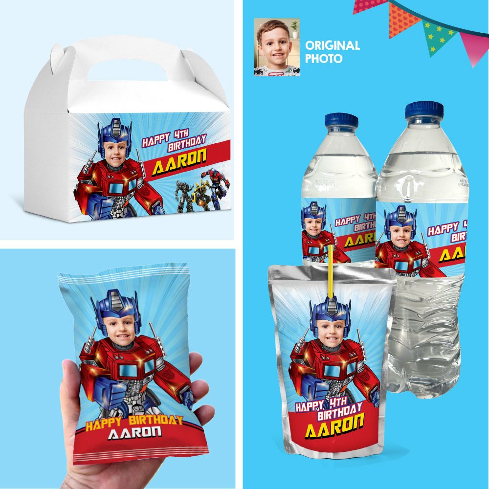Bundle Optimus Prime snacks labels, Transformers Optimus water wrappers and Juice pouch, Transformers Optimus Chip bags. 2025B3