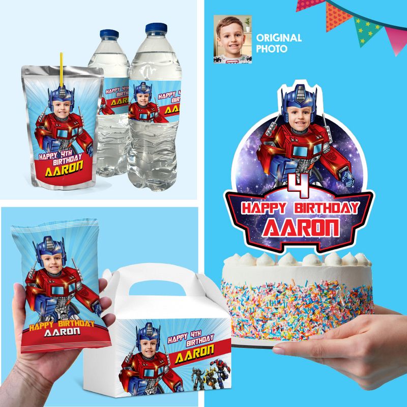 Bundle Optimus Prime Party table, Optimus Cake Topper, Transformers Optimus snacks labels, Transformers Optimus Chip bags, Optimus Gable box. 2025B1