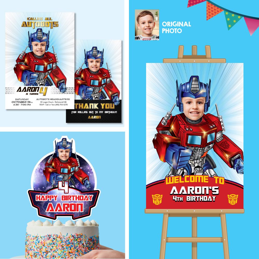 Bundle Optimus Prime Birthday, Optimus Invitation and Thank you, Transformers Optimus Cake Topper, Optimus Prime Welcome Sign. 2025B2