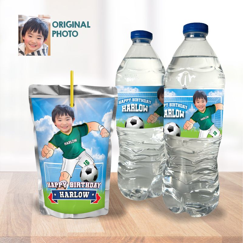 Futbol water labels with photo, Futbol Juice Pouch labels, Futbol Party Juice stickers, Soccer team water stickers with photo. 2281WJ
