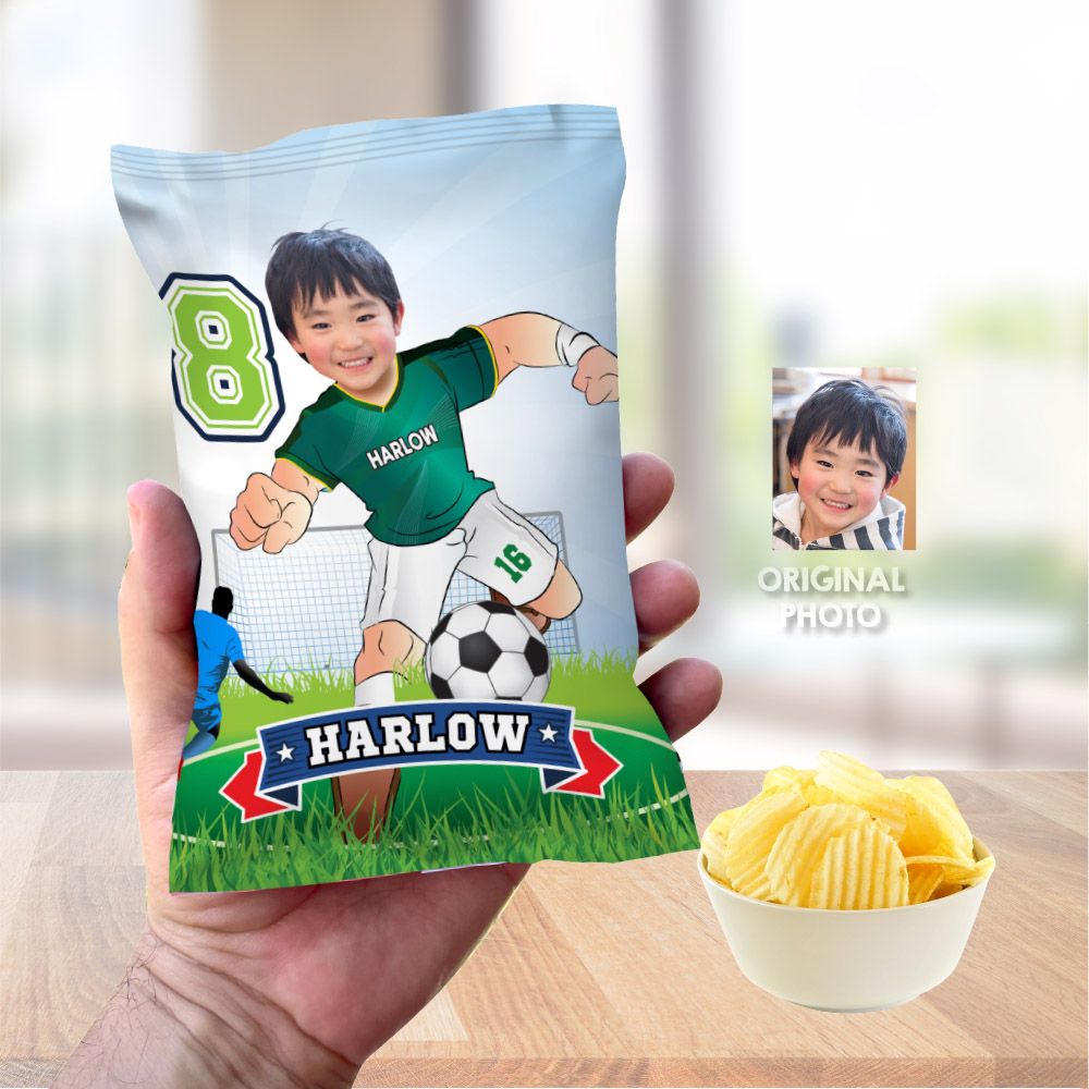 Soccer Chip Bags with kid as his favorite player, Soccer team birthday theme, Futbol Chip bags Colombian, Soccer snacks bags. 2281CB