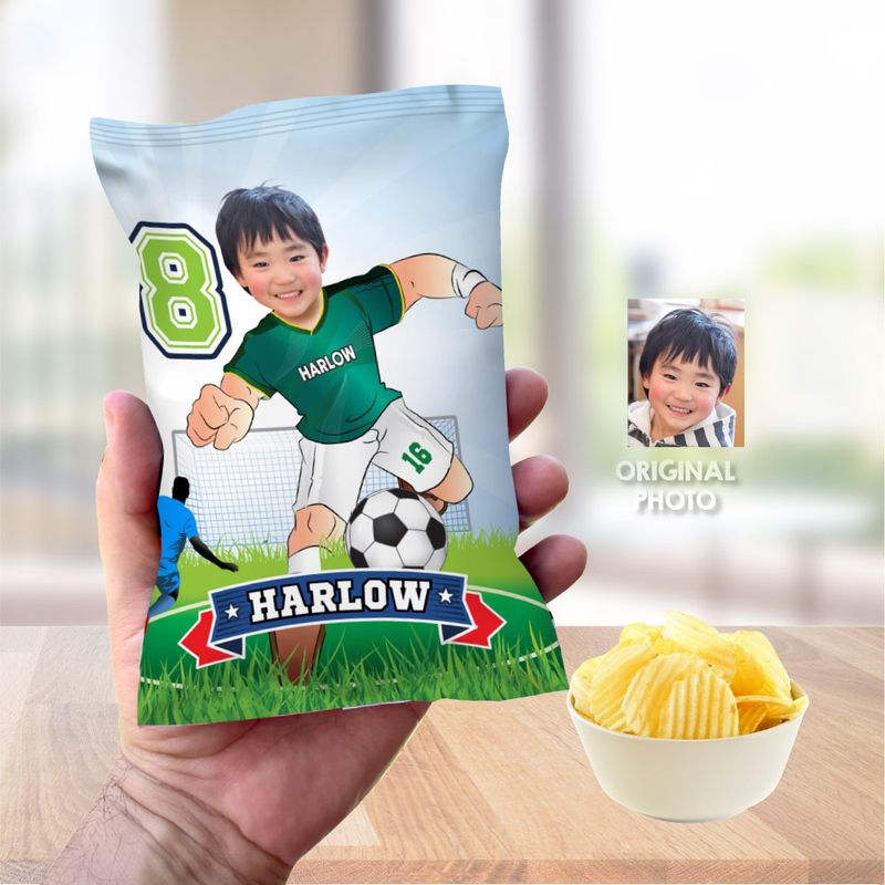 Soccer Chip Bags with kid as his favorite player, Soccer team birthday theme, Futbol Chip bags Colombian, Soccer snacks bags. 2281CB