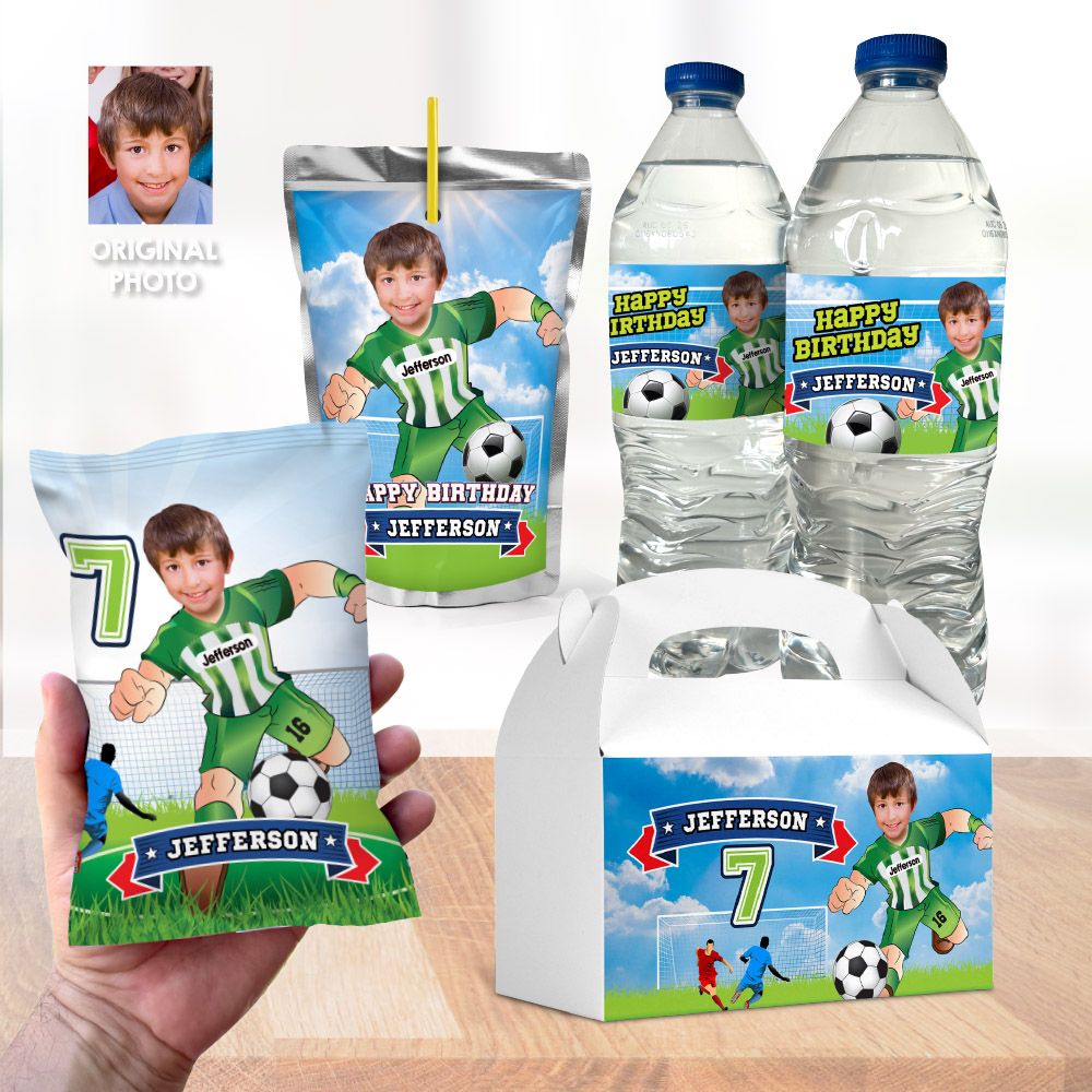 Set of matching snacks labels for a Soccer theme Party personalized with team and photo, Soccer water, Chip bags, Juice pouch, boxes. 2279B3