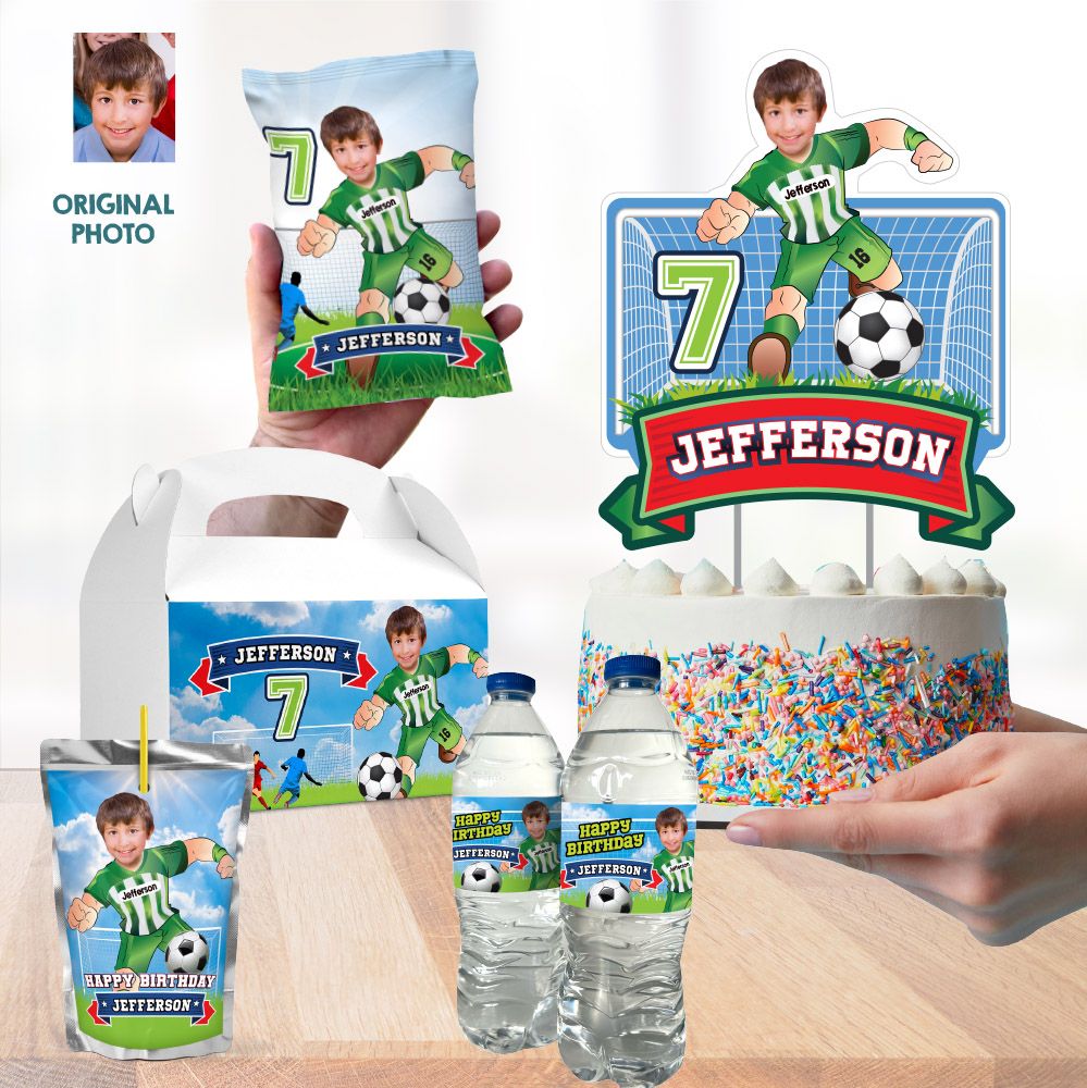 Set of matching items for a Soccer themed table Party, Personalized Soccer cake topper, water label, Chip bag, Juice pouch, gable box 2279B1