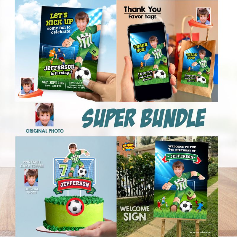 Personalized bundle for a Soccer themed-birthday Party, Custom Soccer cake topper, welcome sign, Invitation and thank you/ favor tag. 2279B2