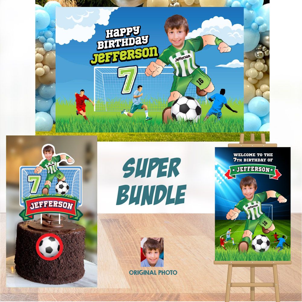 Custom bundle for a Soccer theme Party, Soccer party decor with photo, Futbol cake topper, welcome sign and soccer banner backdrop. 2279B4