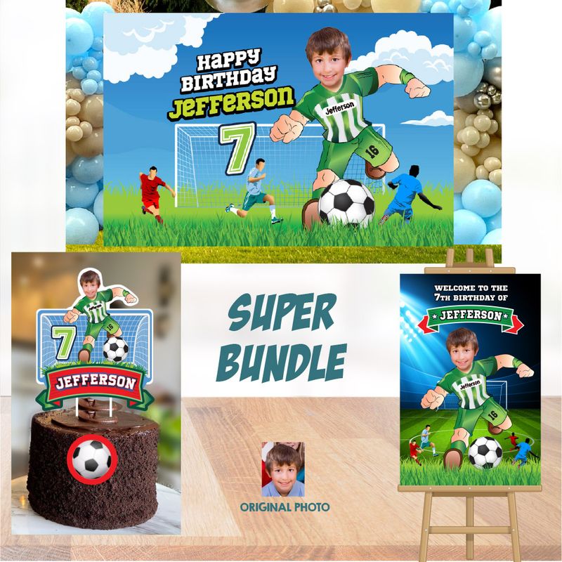 Custom bundle for a Soccer theme Party, Soccer party decor with photo, Futbol cake topper, welcome sign and soccer banner backdrop. 2279B4