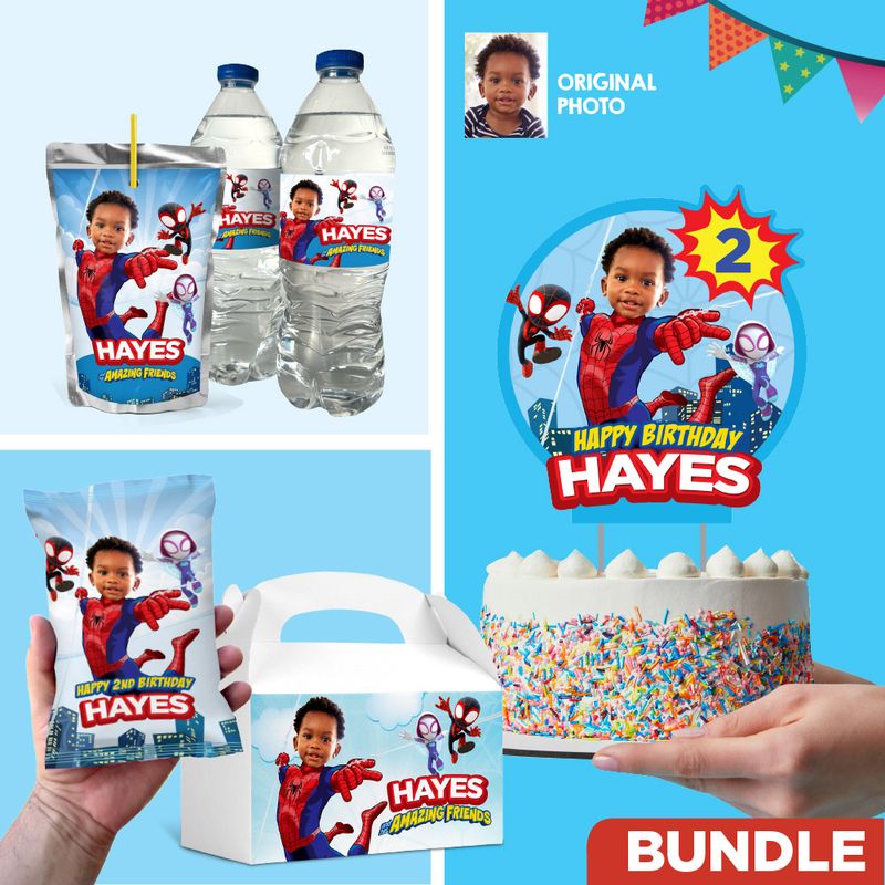 Set of matching items for a Spidey themed table Party, Personalized Spidey cake topper, water label, Chip bag, Juice pouch, gable box 740B1