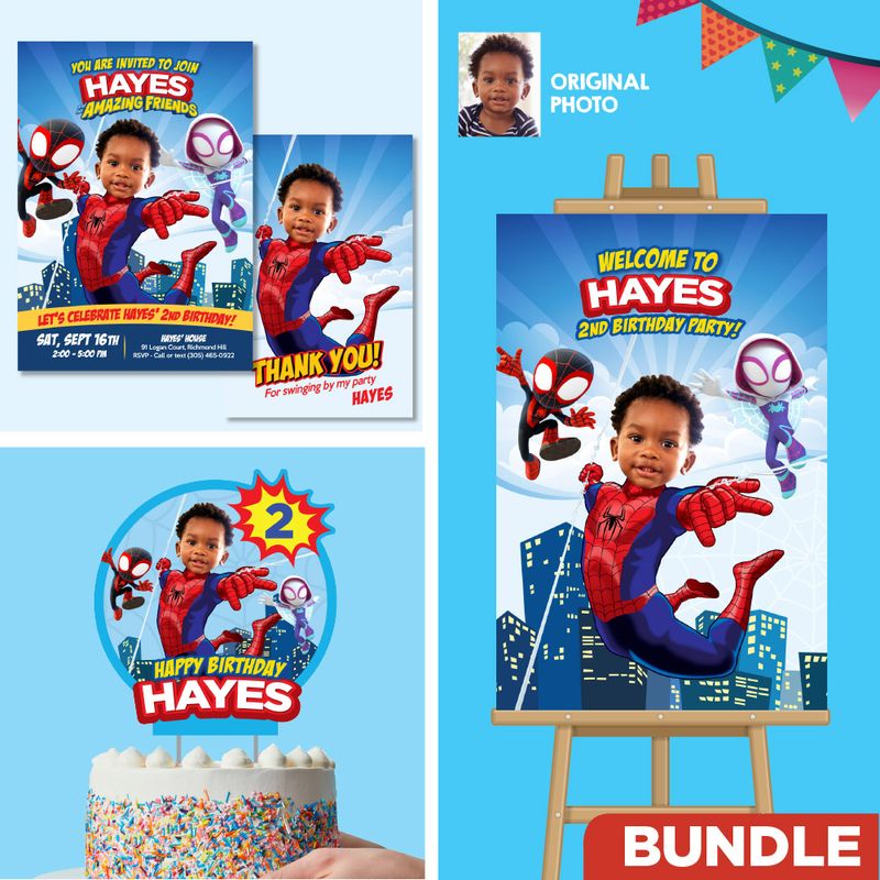 Personalized bundle for a Spidey themed-birthday Party, Custom Spidey cake topper, welcome sign, Invitation and thank you/ favor tag. 740B2