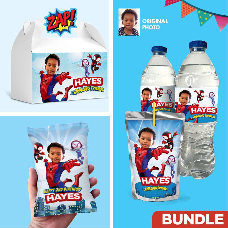 Set of matching snacks labels for a Spidey theme Party personalized with photo, Spidey water, Chip bags, Juice pouch, gable boxes. 740B3