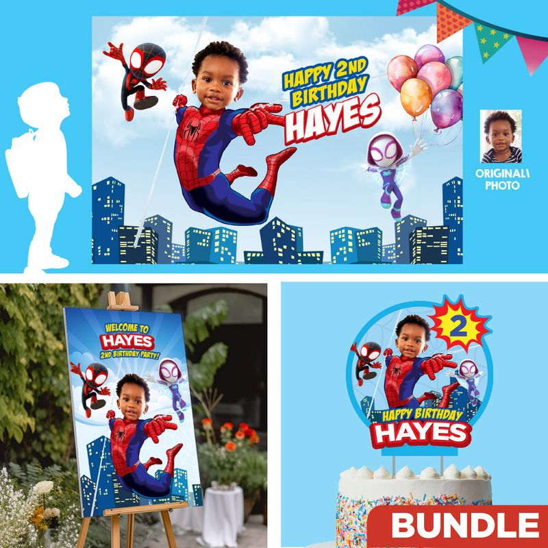 Custom bundle for a Spidey theme Party, Spidey party decor with photo, Spidey cake ideas, welcome sign and Spidey banner backdrop. 740B4