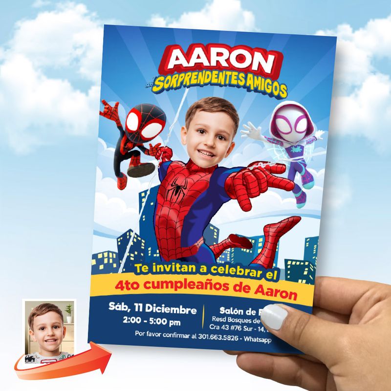 Invitación personalizada de Spidey con foto, Invitacion Fiesta Spidey, Fiesta tema Spidey, Template de Spidey, Sorprendentes amigos. 2282IN