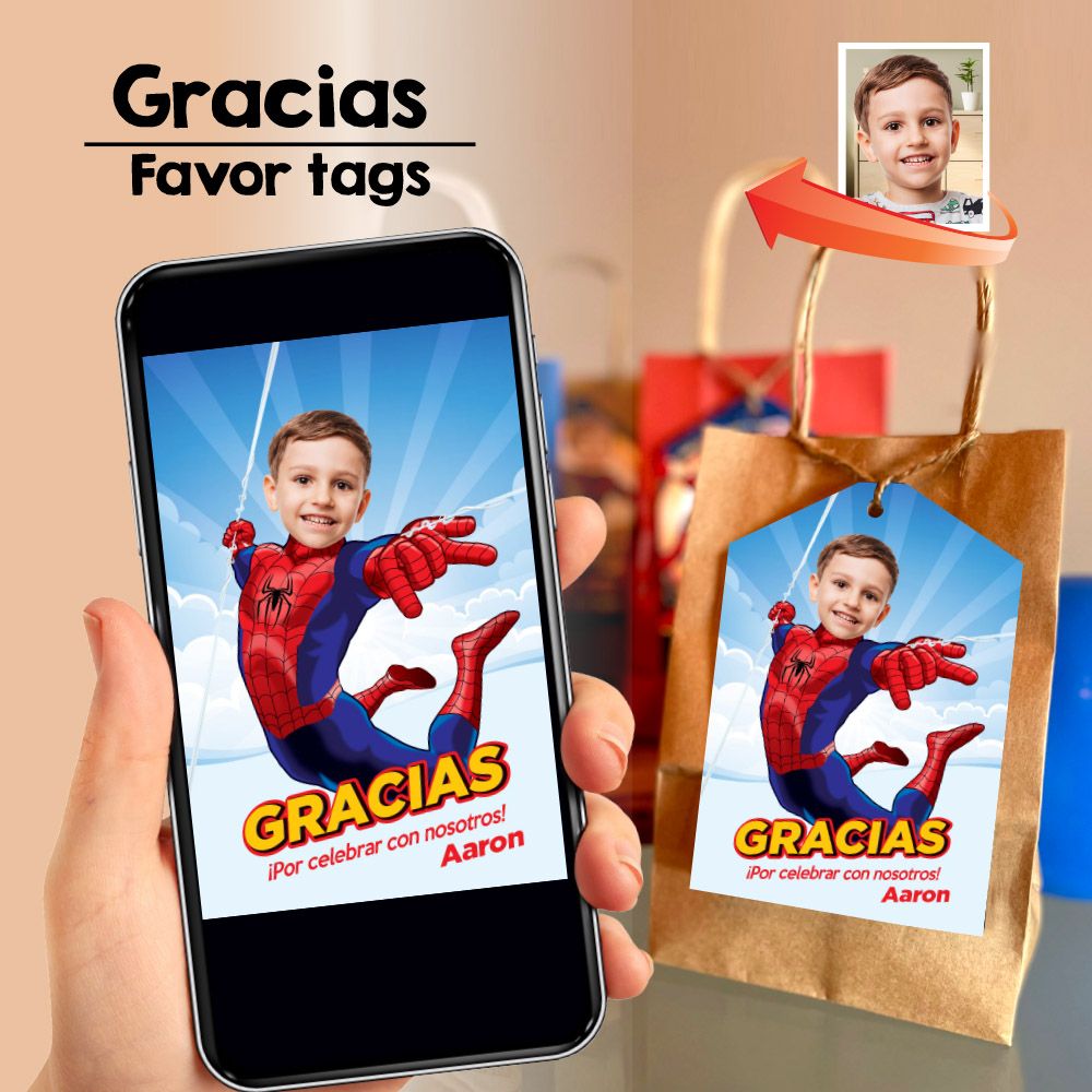 Agradecimiento Fiesta de Spidey con foto, Gracias Spidey Fiesta, Gracias cumple tema Spidey, Cotillon etiquetas de Spidey con foto. 2282TY