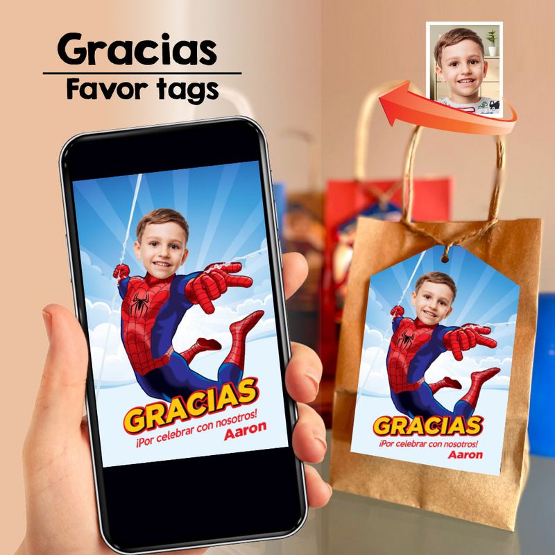 Agradecimiento Fiesta de Spidey con foto, Gracias Spidey Fiesta, Gracias cumple tema Spidey, Cotillon etiquetas de Spidey con foto. 2282TY