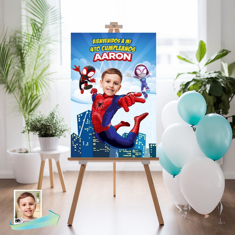 Letrero de bienvenida de Spidey con foto, Cartel de Spidey de bienvenida para fiesta, Cartel Bienvenidos cumpleaños tema Spidey. 2282WS