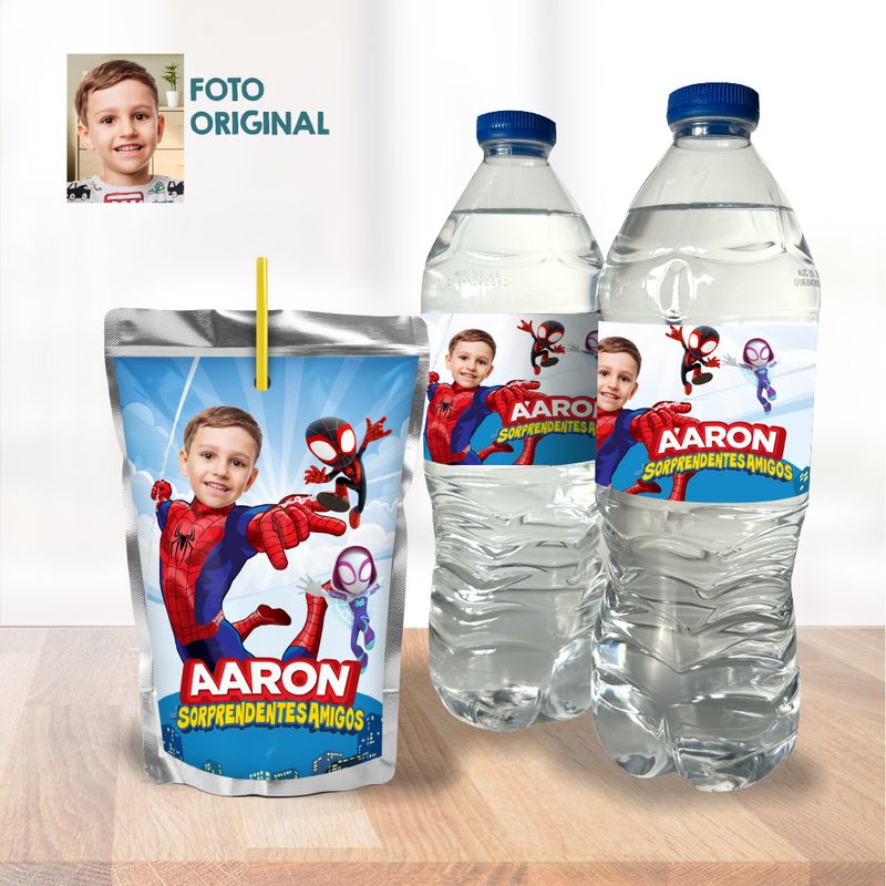 Etiquetas personalizadas para Agua y jugos tema Spidey con foto, Botellas agua Spidey cumple, etiquetas fiesta para jugos de spidey. 2282WJ