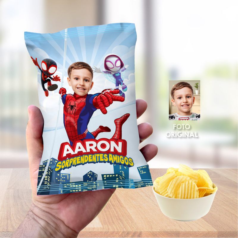 Bolsas para chips tema Spidey, Decoración bolsitas de snacks spidey, Recuerdos personalizados de Spidey con foto, Party favor spidey. 2282CB