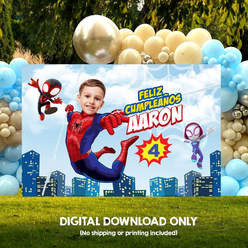 Banner personalizado Fiesta de Spidey con foto, Backdrop para Cumpleaños tema Spidey, Telón de Fondo para cumple temática Spidey. 2282BB