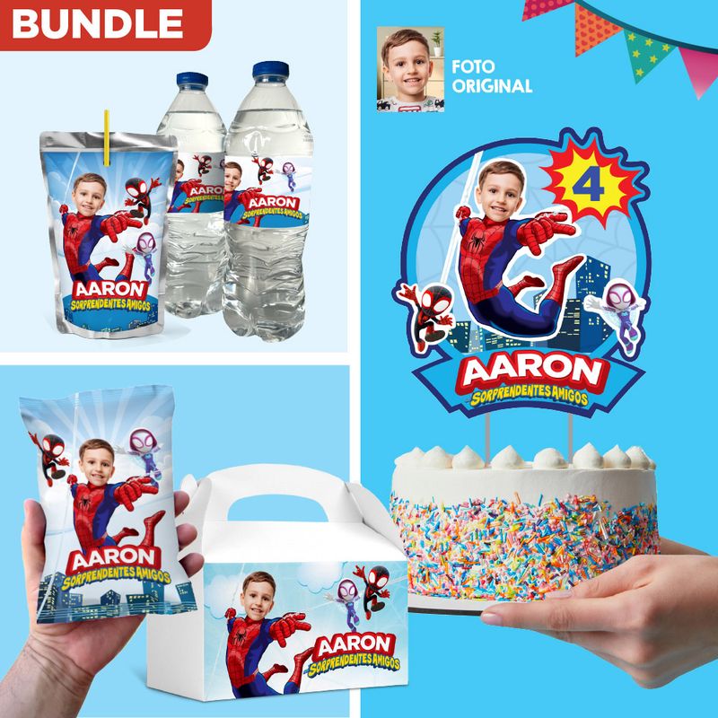 Set de artículos para decorar mesa de dulces tema Spidey, Cake topper personalizado de Spidey, etiquetas para agua y jugos, etiquetas para cajas. 2282B1