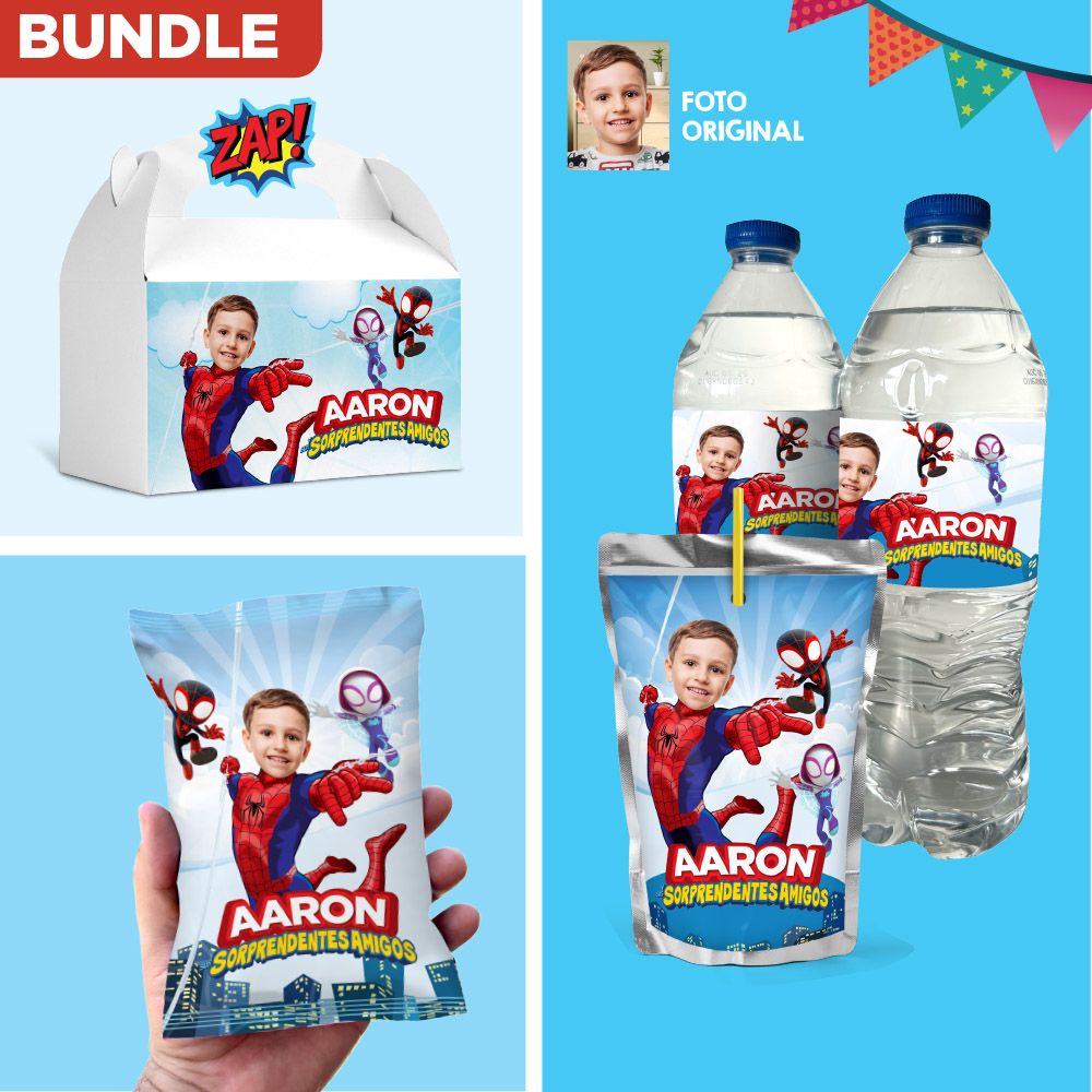 Set para snacks cumpleaños tema Spidey, Cajitas regalo Spidey, etiquetas para agua y jugos de Spidey, bolsas para chips tema spidey. 2282B3