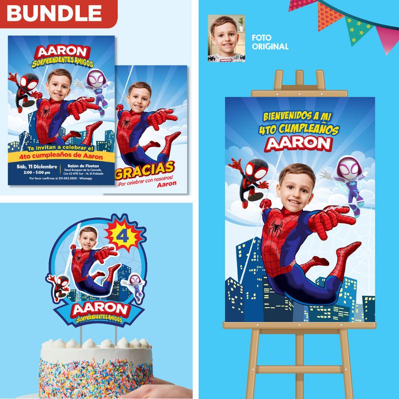 Set personalizado para fiesta temática de Spidey, Spidey cake topper para imprimir, Letrero de Bienvenida, Invitación y Gracias / favor tag. 2282B2