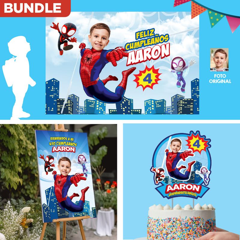 Bundle para fiesta temática de Spidey con su niño como protagonista, Spidey cake topper, Letrero de Bienvenida, Banner Backdrop. 2282B4