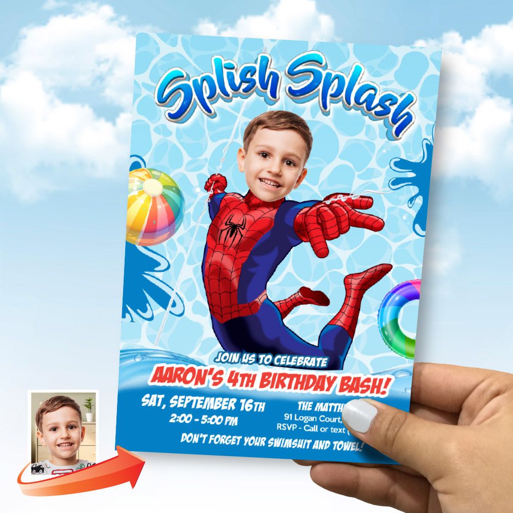 Spiderman Splish Splash Party Invitation with photo, Spider-Man Splish Splash template, Spiderman Splish Splash party digital invite. 932B